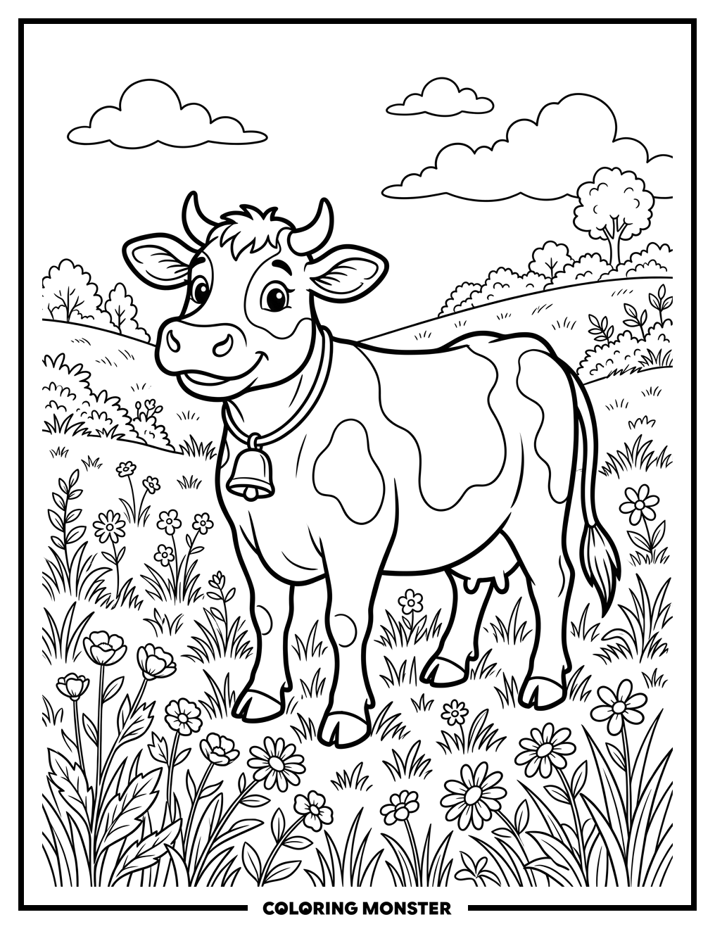 Cow in a Grassy Field Coloring Page