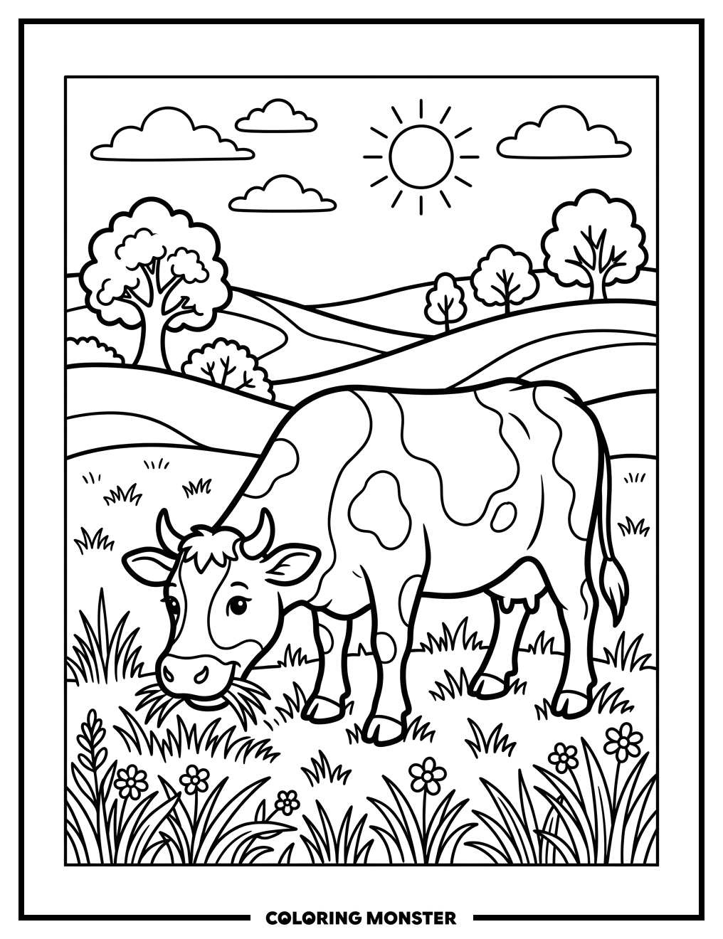 Cow in a Grassy Field Coloring Page