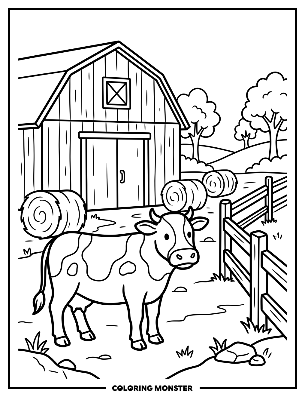Cow in Front of Barn Coloring Page