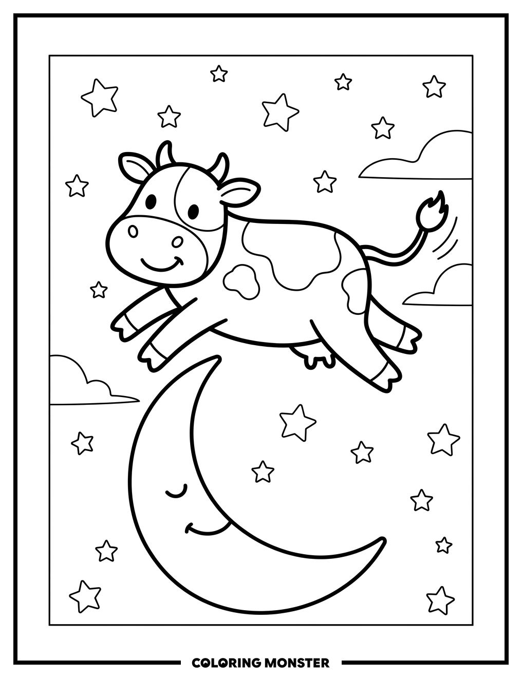 Cow Leaping Over Crescent Moon Coloring Page