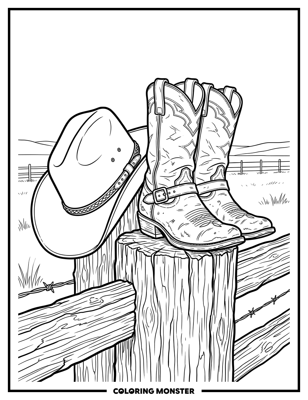 Cowboy Boots and Hat on Fence Coloring Page