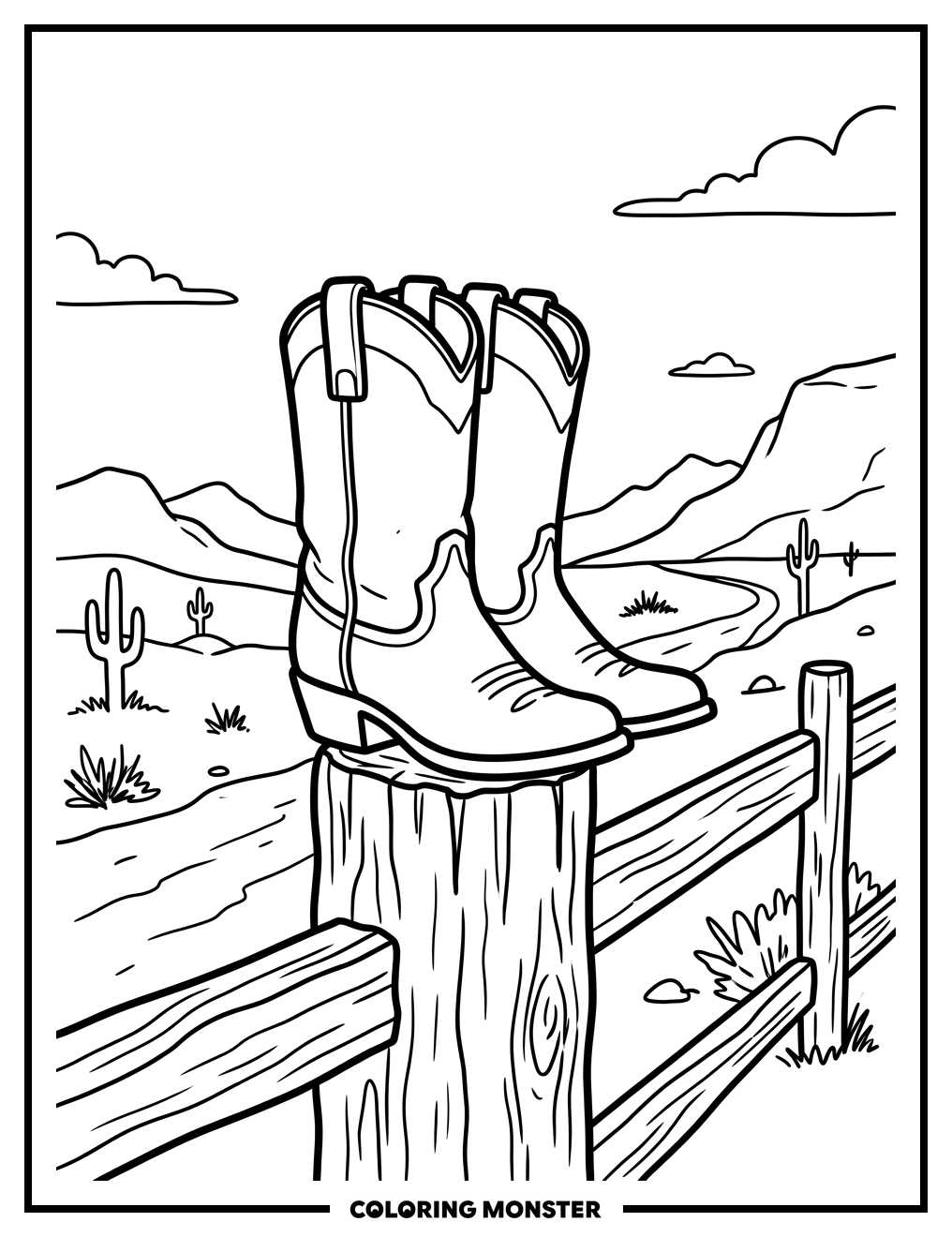 Cowboy Boots on Fence Post Coloring Page