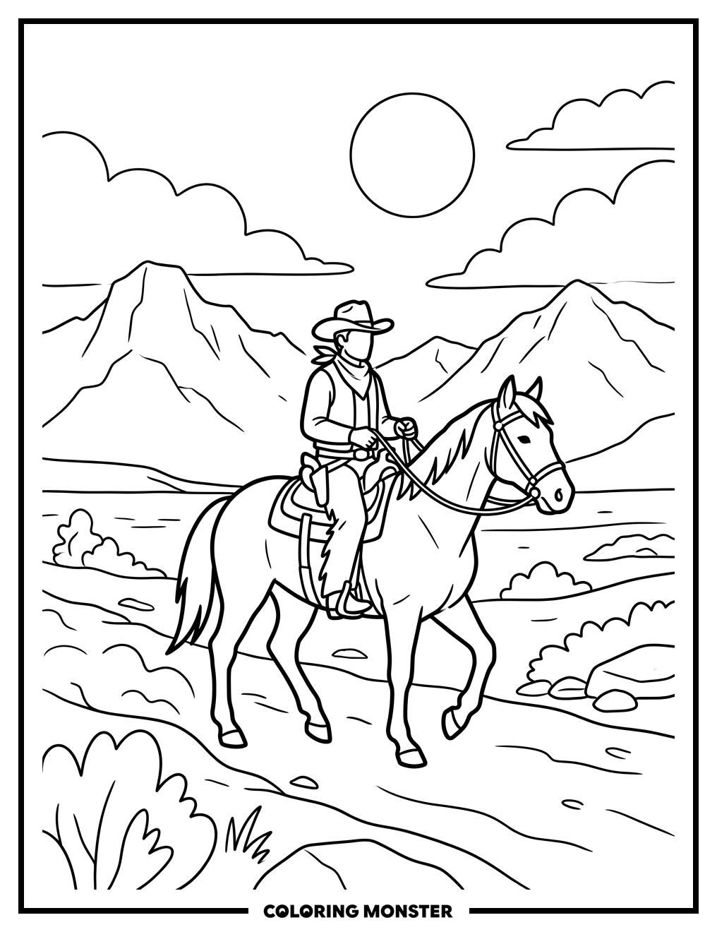 Cowboy on Horse in Wyoming Coloring Page