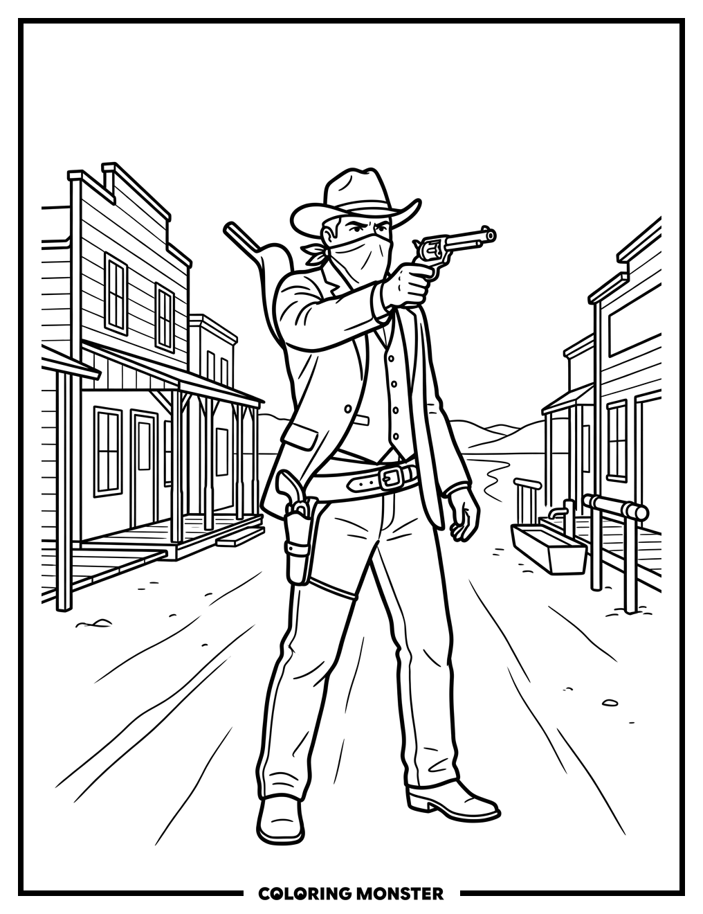 Cowboy Outlaw Aims Pistol Coloring Page