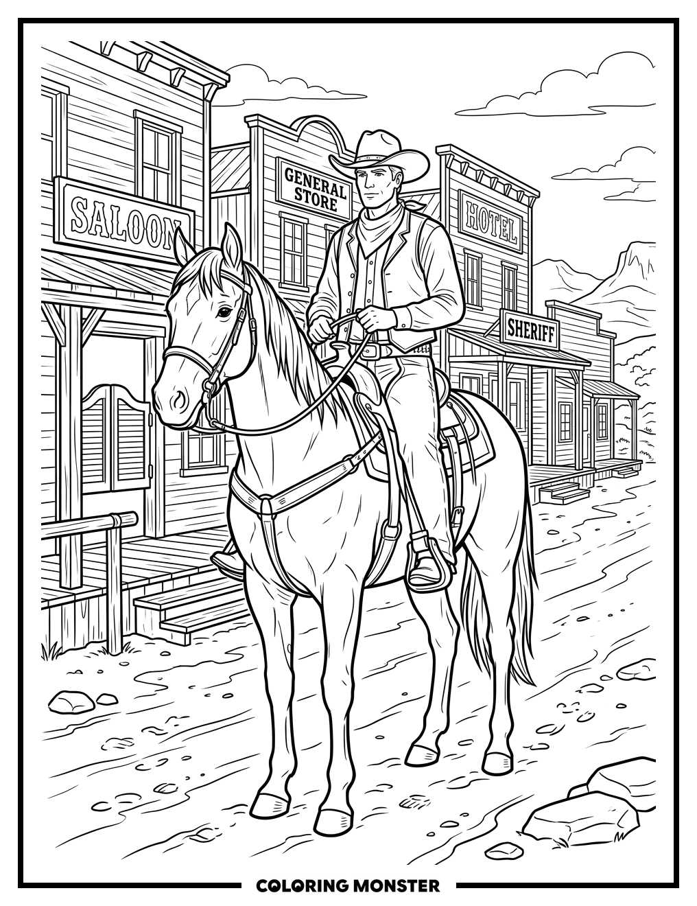 Cowboy Riding Horse in Western Town Coloring Page