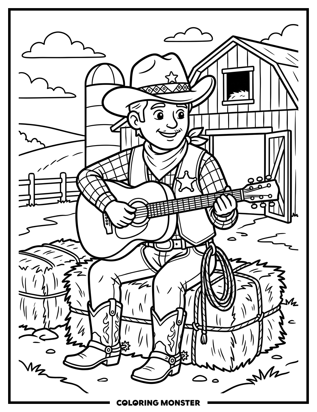 Cowboy with Guitar on Hay Bale Coloring Page