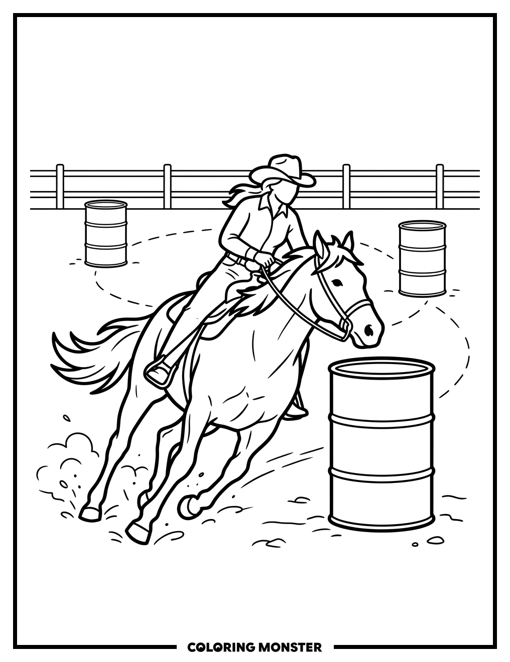 Cowgirl and Horse Round Barrels Coloring Page