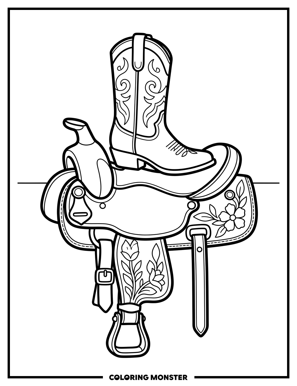 Cowgirl Boot on Western Saddle Coloring Page