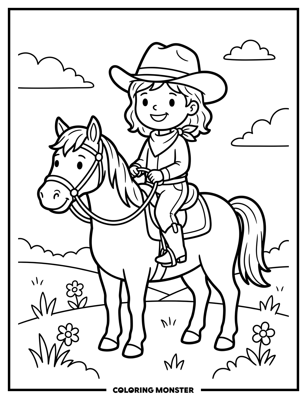 Cowgirl Riding a Horse Coloring Page