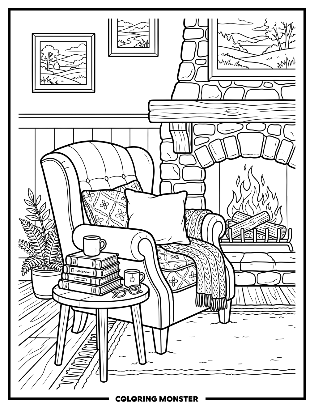 Cozy Armchair and Fireplace Scene Coloring Page