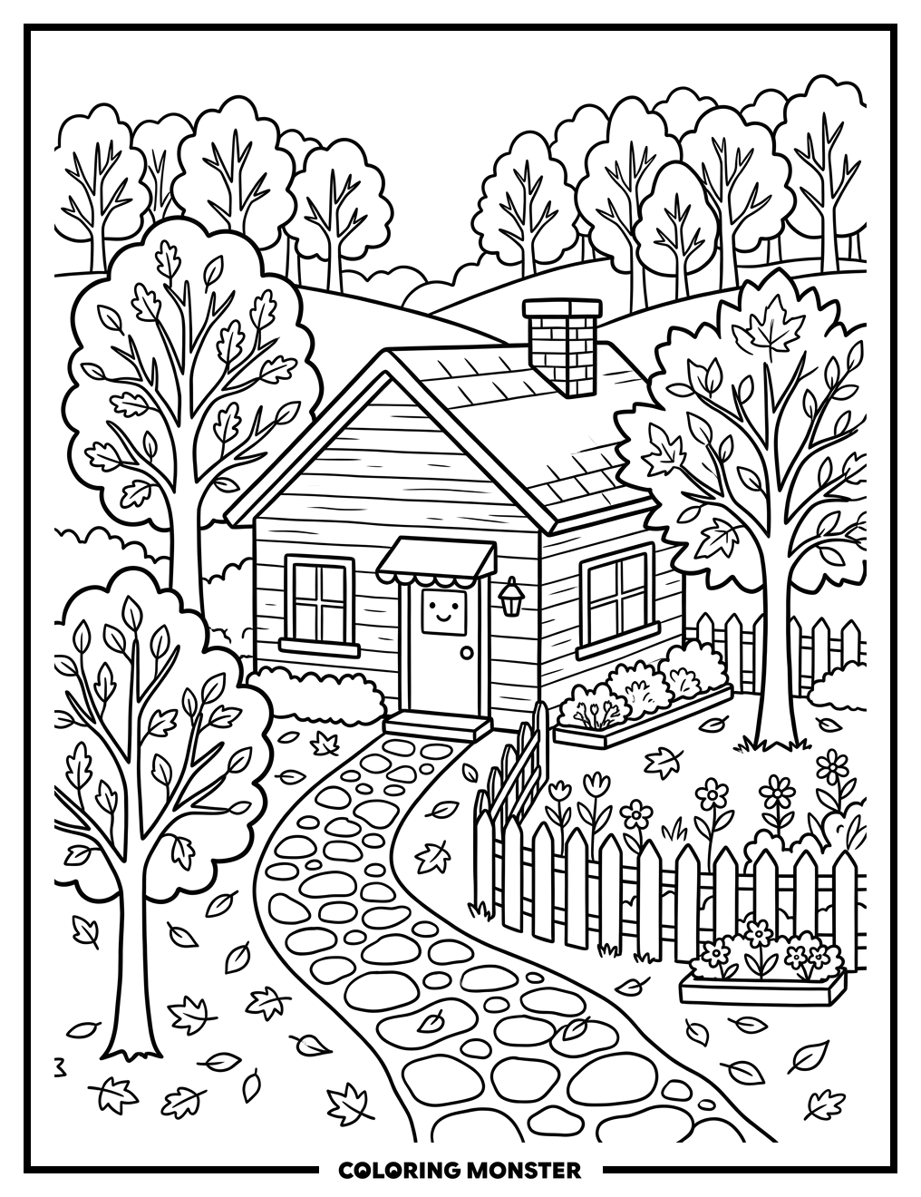 Cozy Autumn House Among Fall Trees Coloring Page