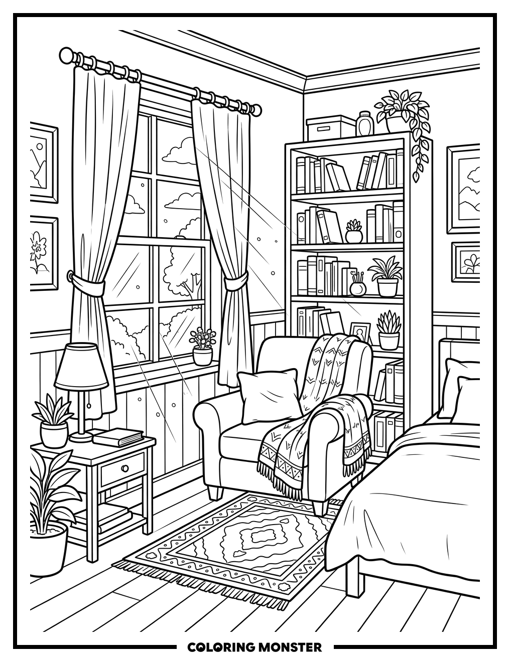 Cozy Bedroom with Sunlight Coloring Page