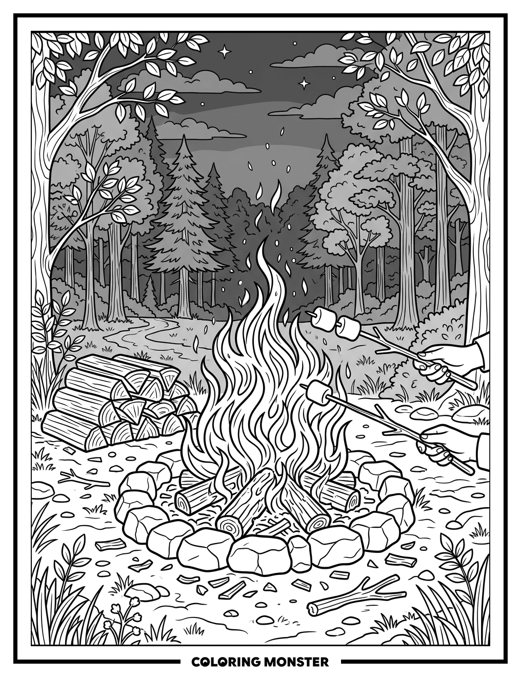 Cozy Bonfire Scene at Dusk Coloring Page