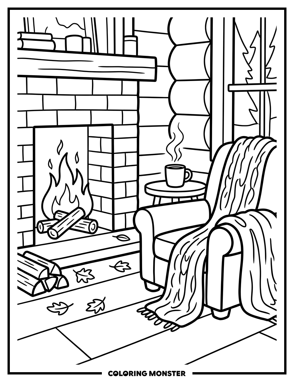 Cozy Cabin Fireplace Scene Coloring Page