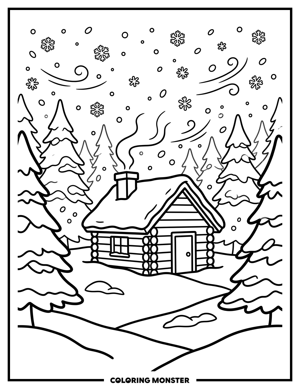 Cozy Cabin in a Snowstorm Coloring Page