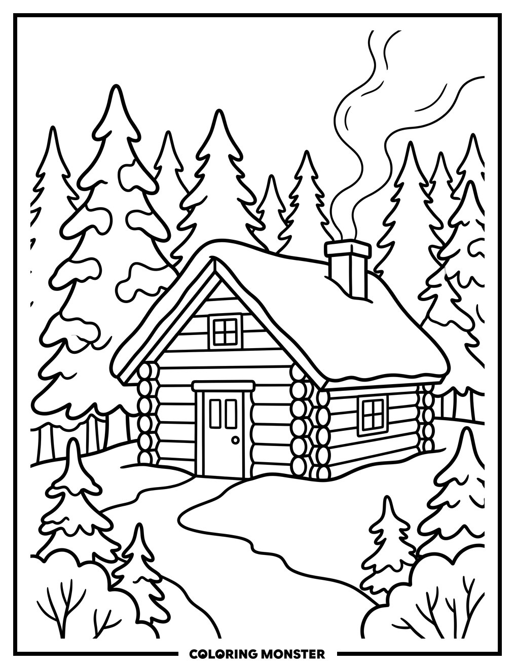 Cozy Cabin in Snowy Forest Coloring Page