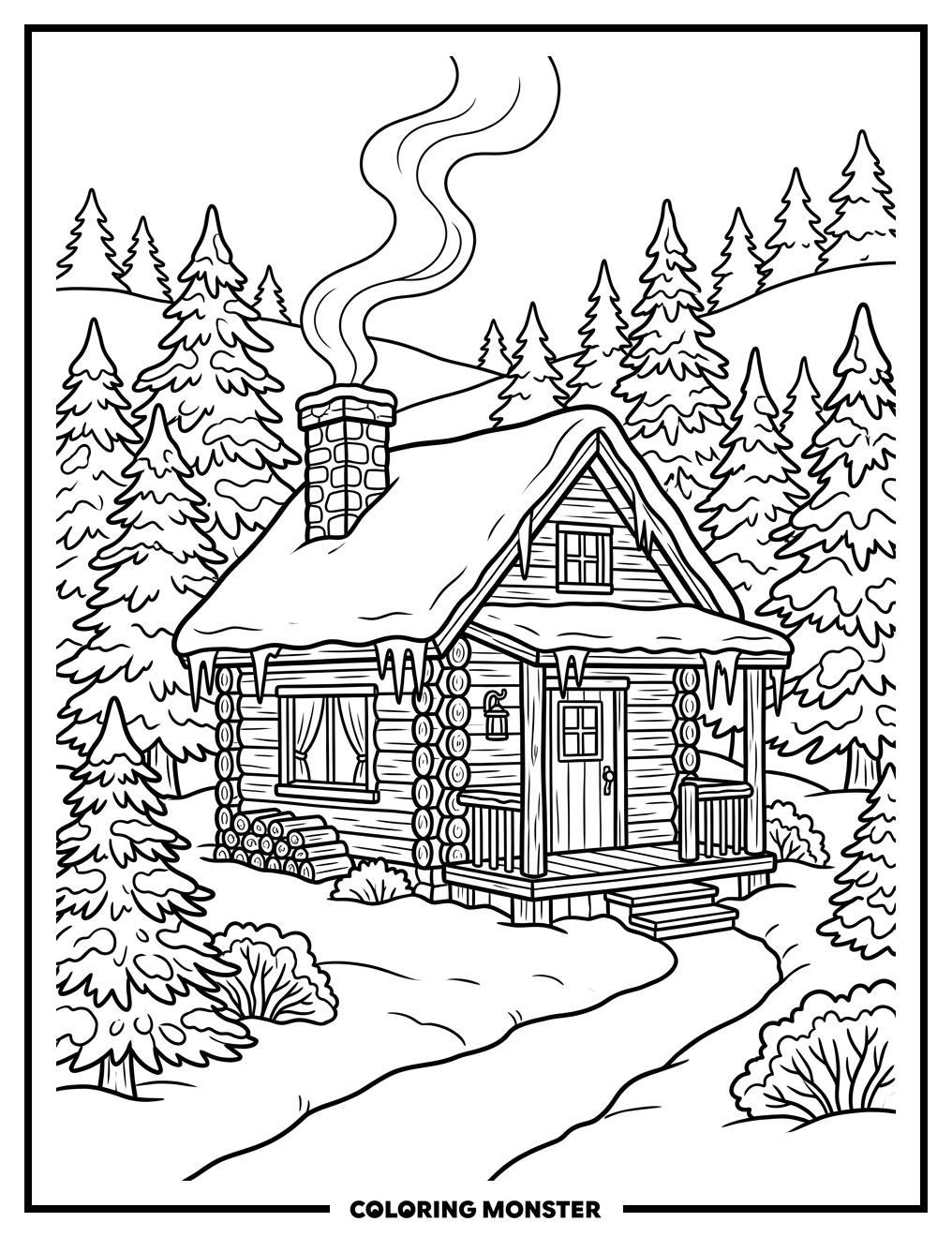 Cozy Cabin in Snowy Woods Coloring Page