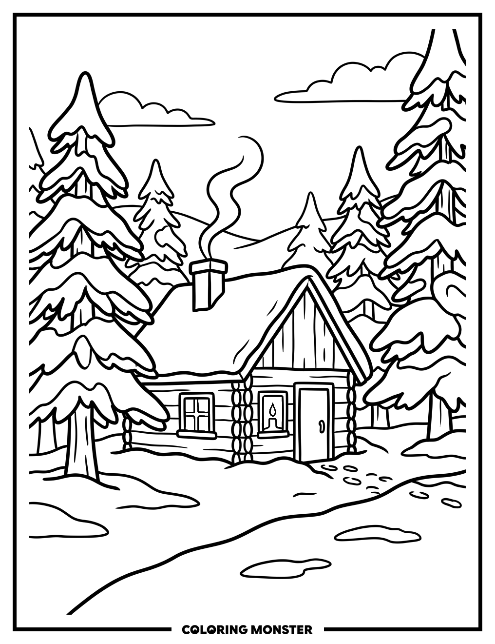 Cozy Cabin in Snowy Woods Coloring Page