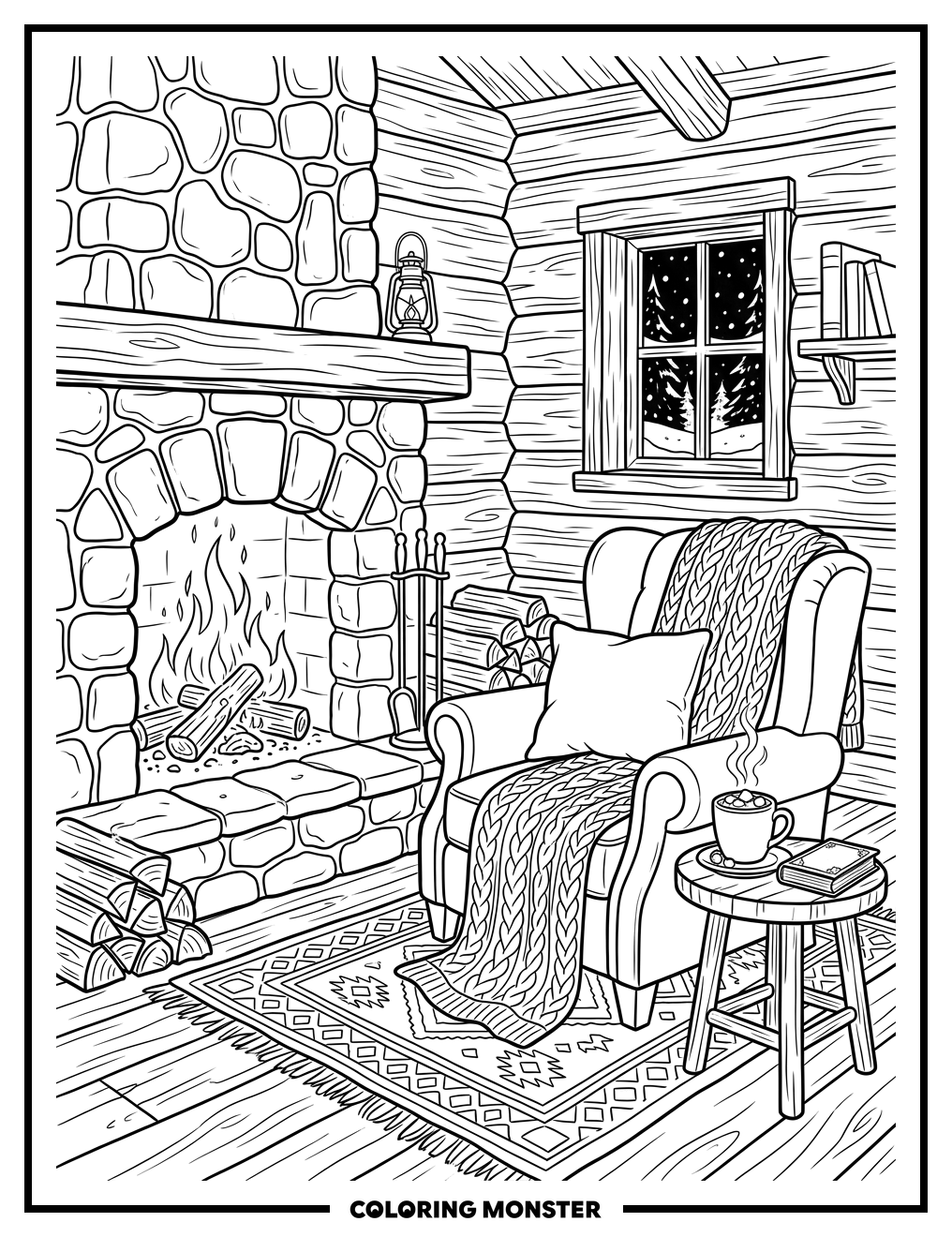 Cozy Cabin Interior With Fireplace Coloring Page