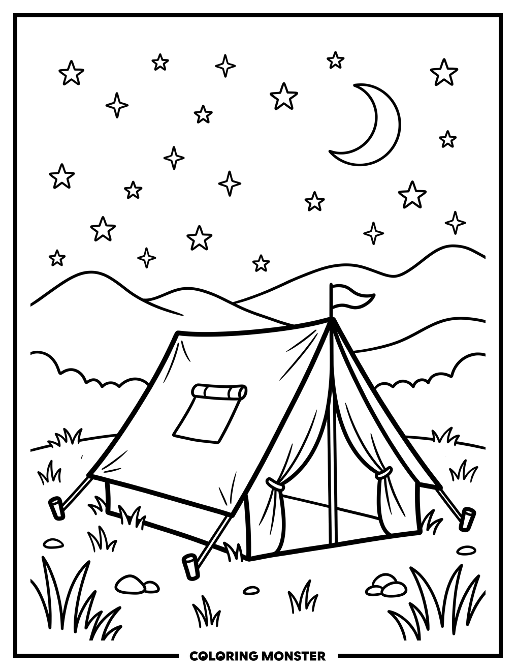 Cozy Camping Tent Under Starry Sky Coloring Page