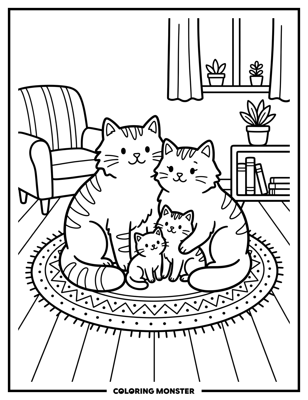 Cozy Cat Family on Rug Coloring Page