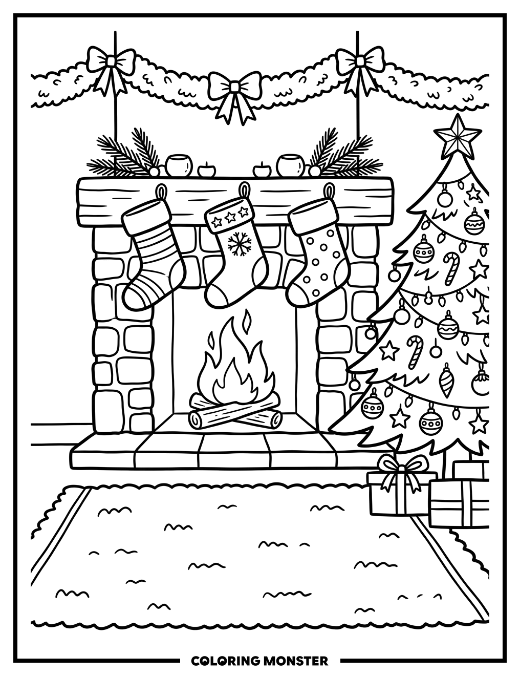 Cozy Christmas Fireplace Scene Coloring Page