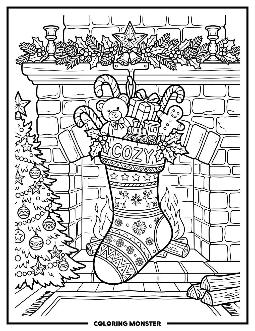 Cozy Christmas Stocking By Fireplace Coloring Page
