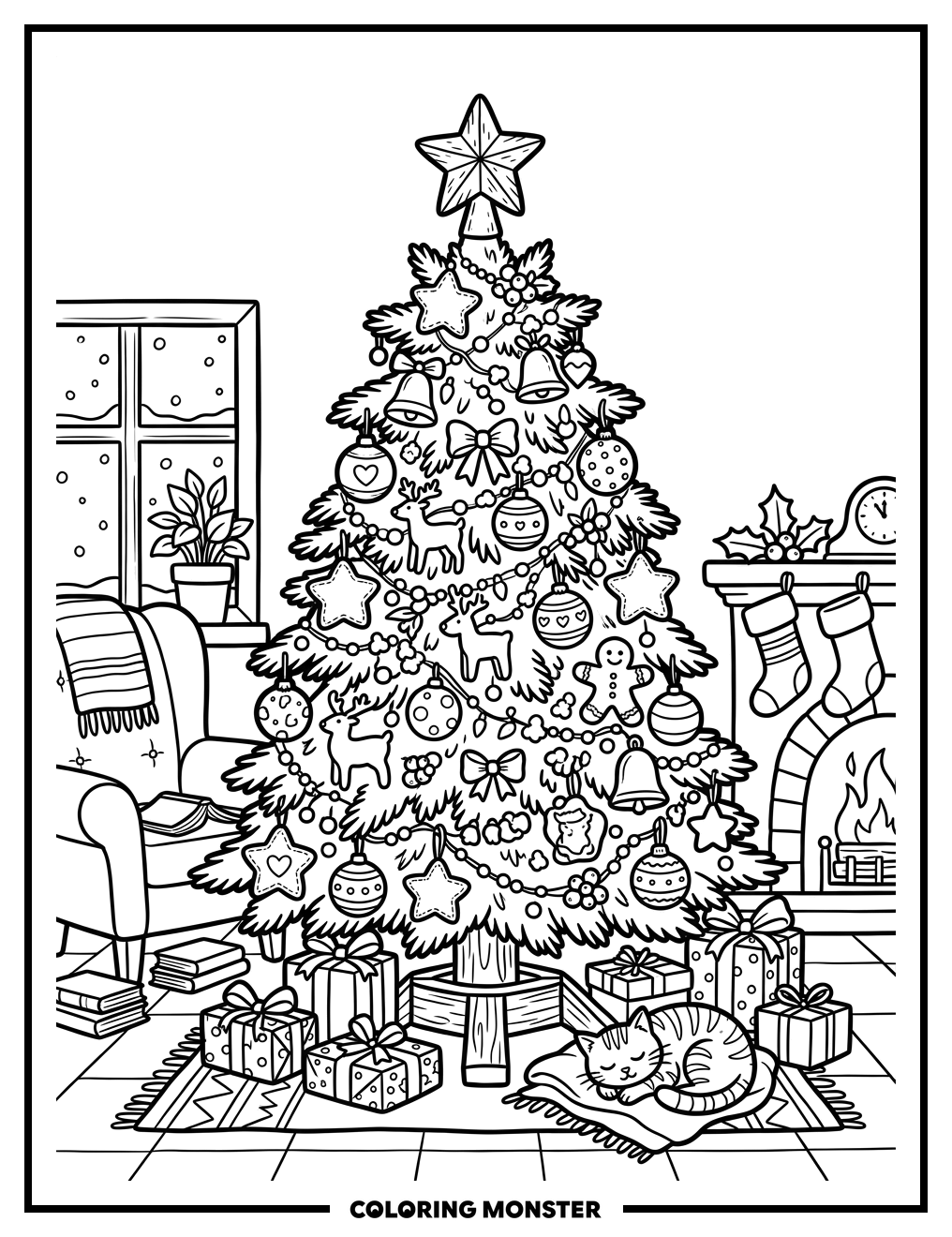Cozy Christmas Tree with Ornaments Coloring Page