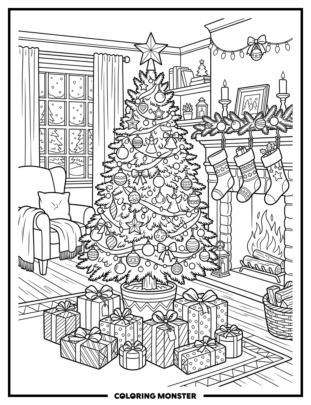 Cozy Christmas Tree with Presents Coloring Page
