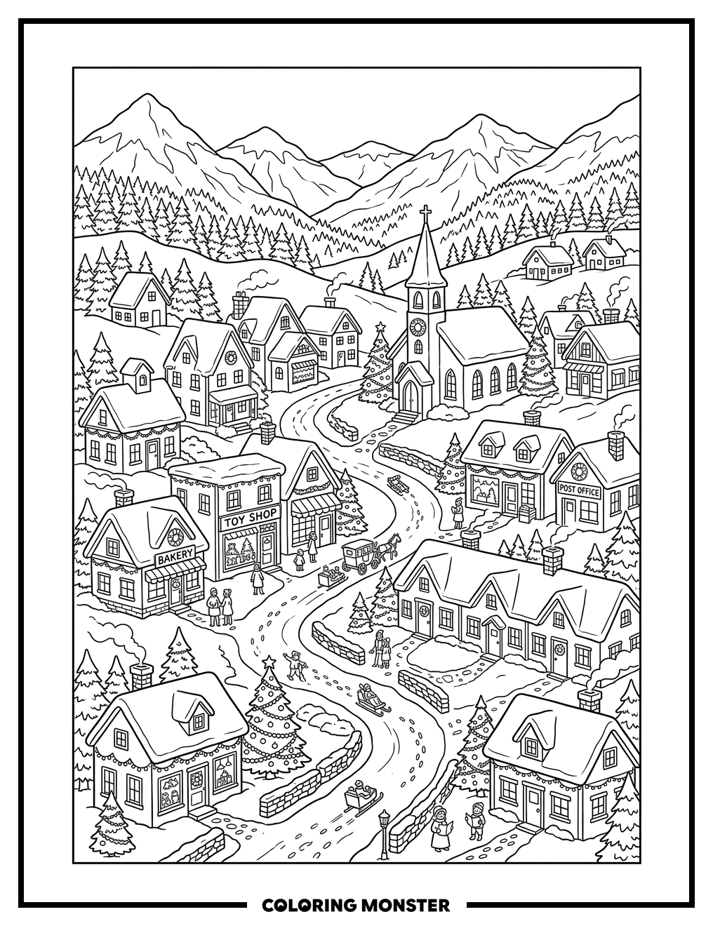 Cozy Christmas Village Scene Coloring Page