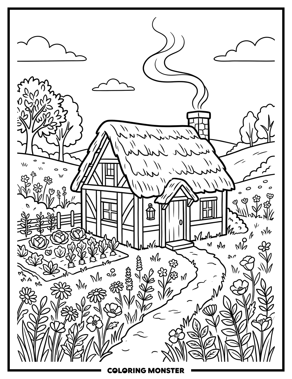 Cozy Cottage in a Sunny Meadow Coloring Page