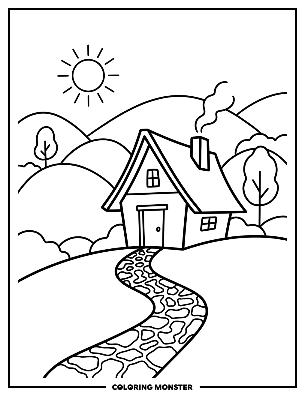 Cozy Cottage on Rolling Hills Coloring Page