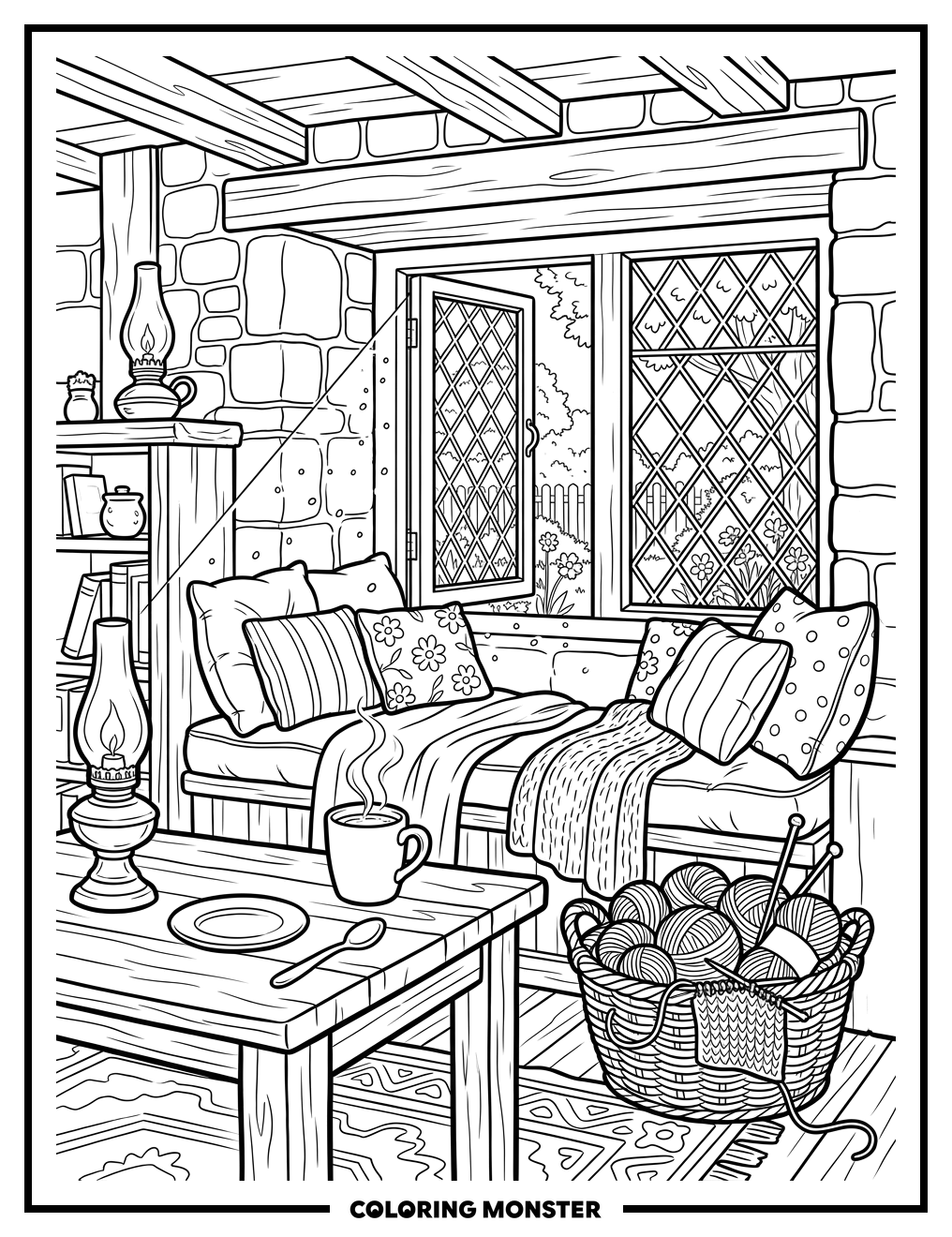 Cozy Cottage Room Scene Coloring Page