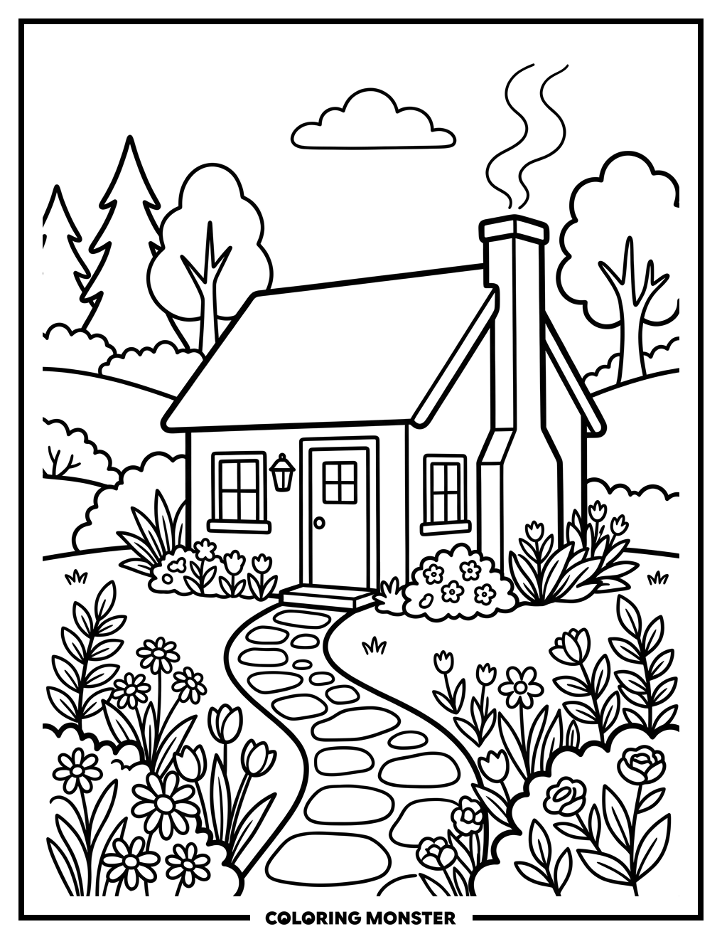 Cozy Cottage with Flower Garden Coloring Page