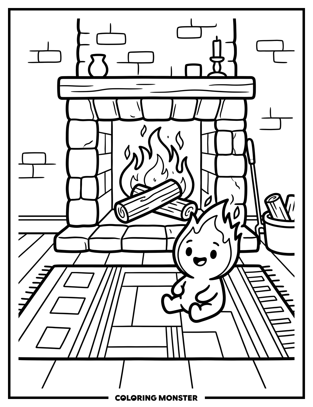 Cozy Ember by Fireplace Coloring Page