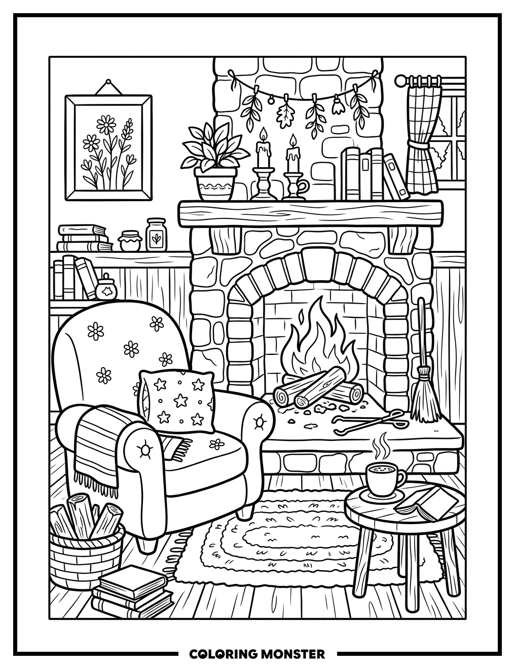 Cozy Fireplace Scene Coloring Page