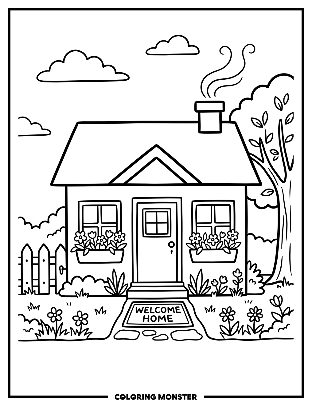 Cozy Home with Flowers Coloring Page