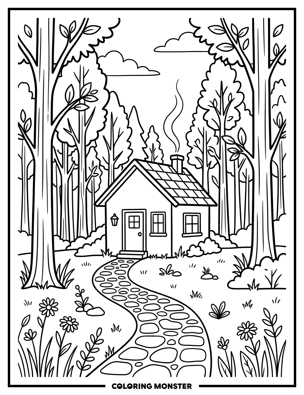 Cozy House Among Tall Trees Coloring Page