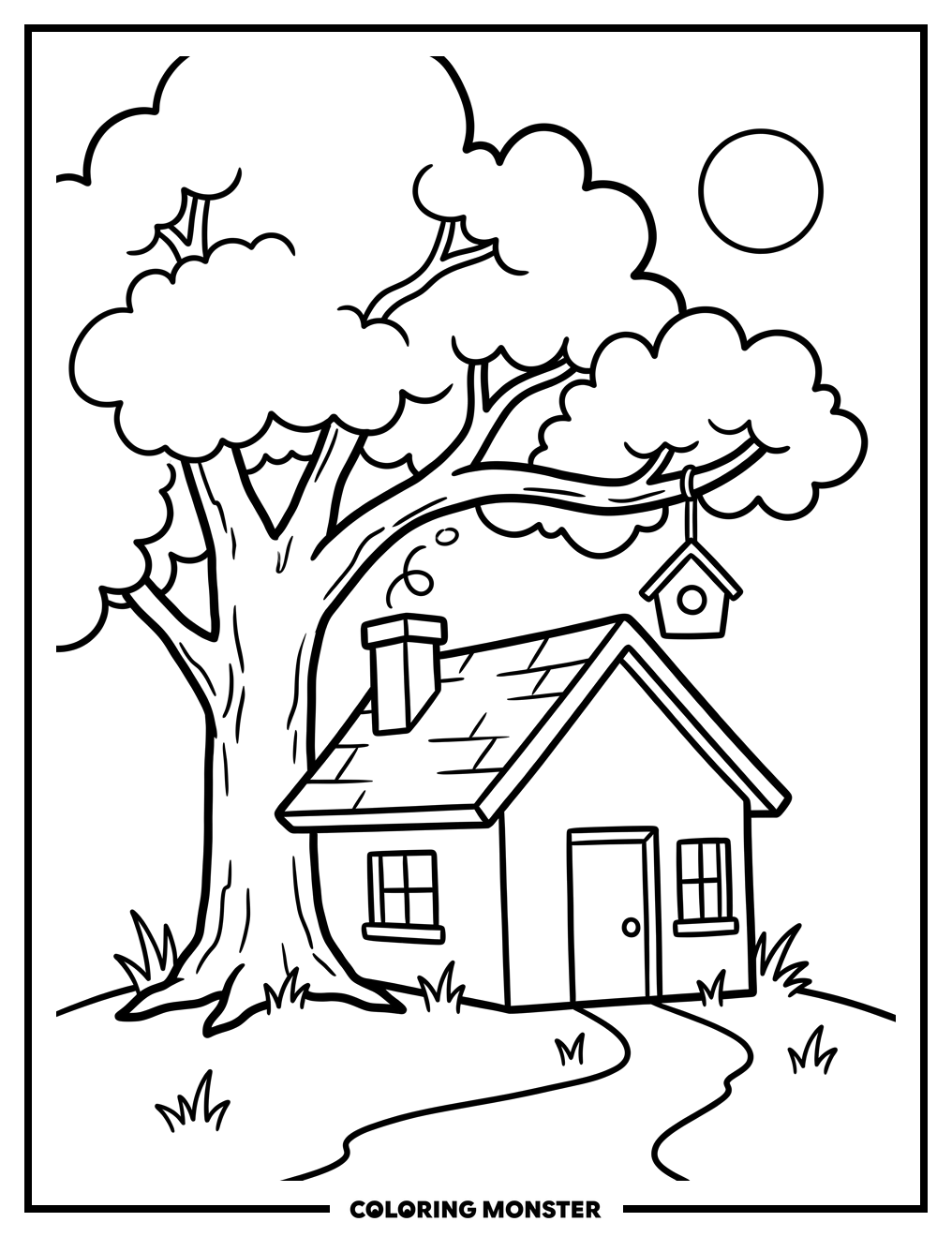 Cozy House and Leafy Tree Coloring Page