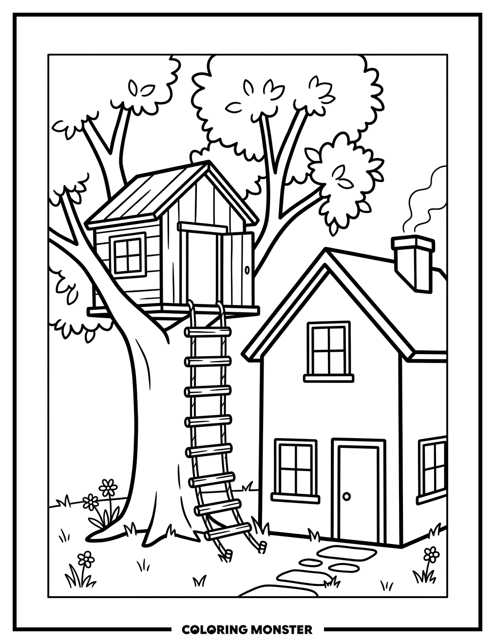 Cozy House and Treehouse Coloring Page
