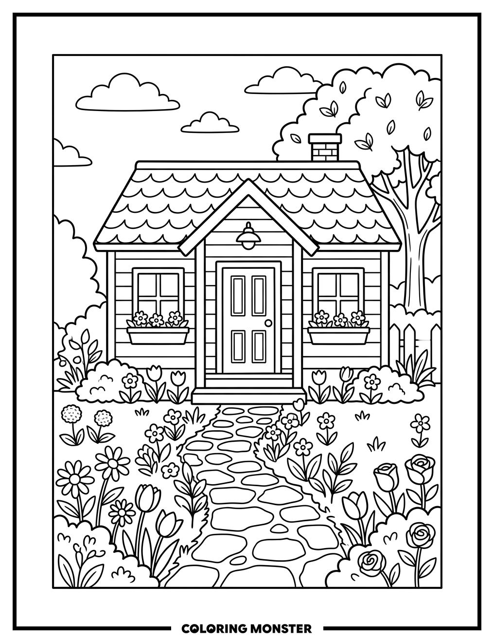 Cozy House With Garden Pathway Coloring Page