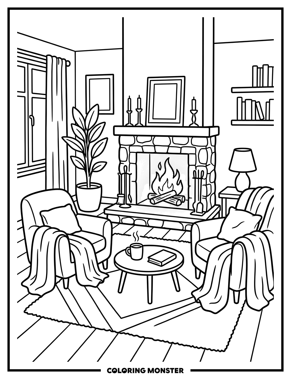 Cozy Living Room Fireplace Coloring Page
