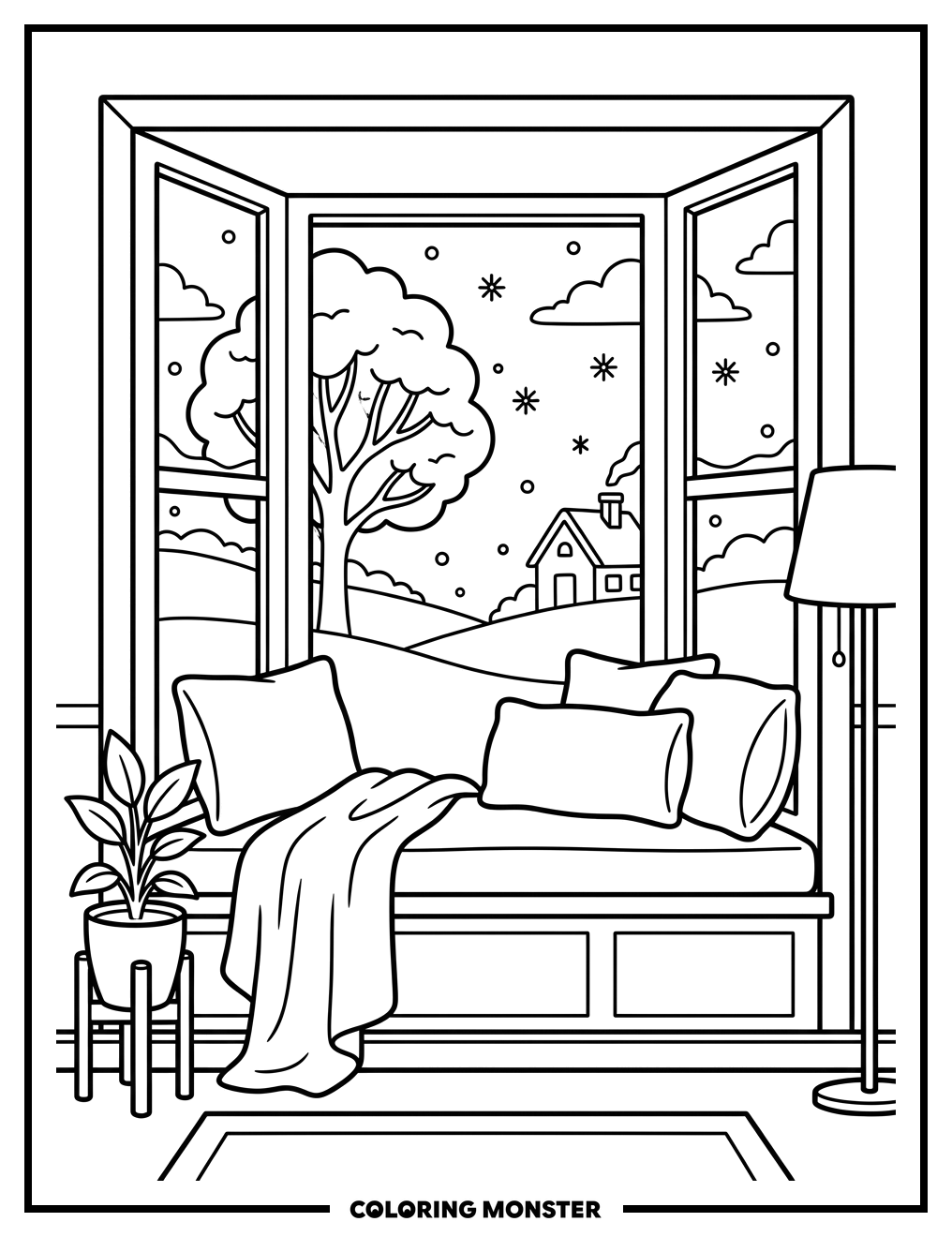 Cozy Living Room Window Seat Coloring Page