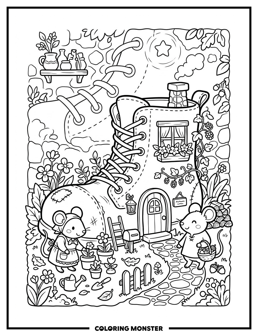 Cozy Mice in a Shoe House Coloring Page