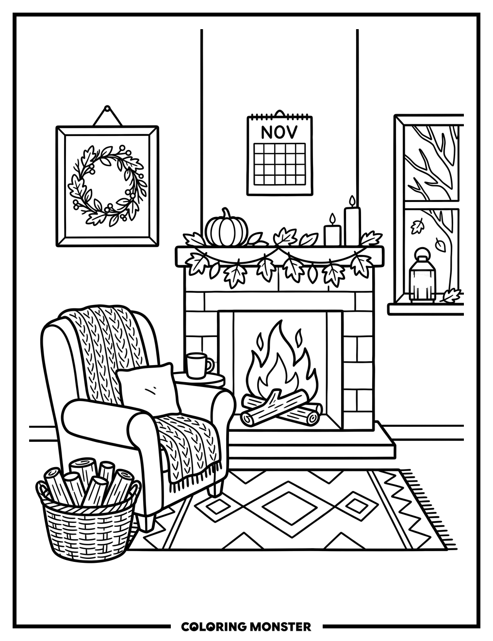 Cozy November Living Room Scene Coloring Page