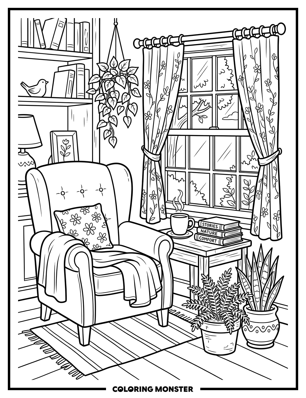 Cozy Reading Nook by the Window Coloring Page