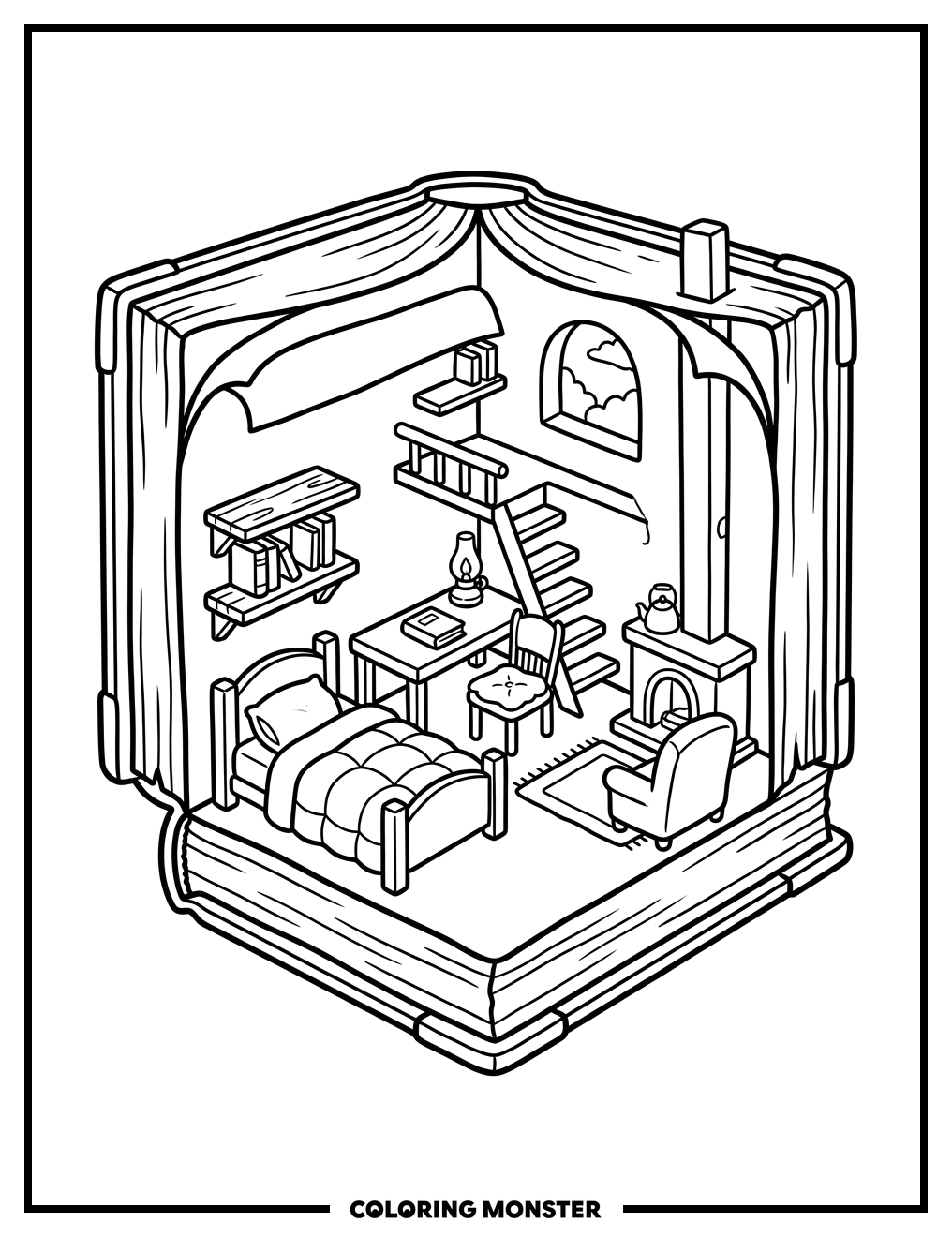 Cozy Room Inside an Open Book Coloring Page