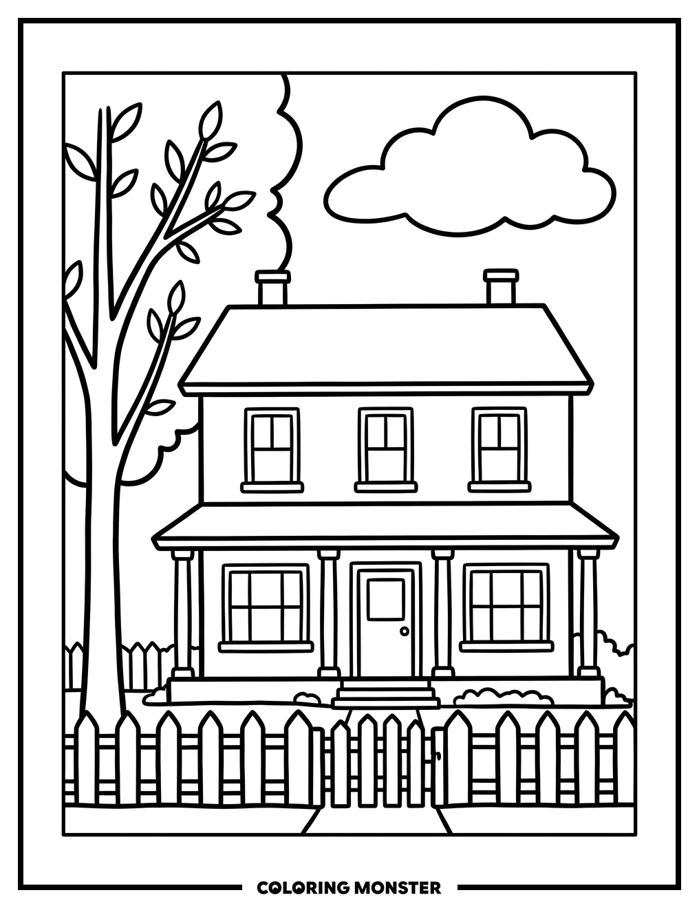 Cozy Two-Story Home With Picket Fence Coloring Page