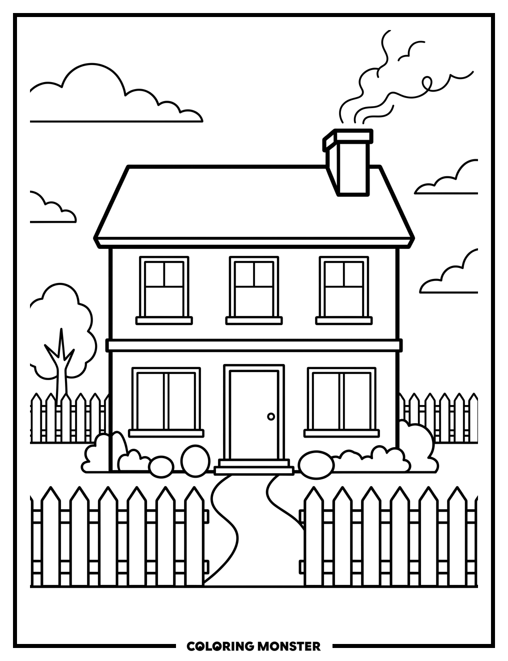 Cozy Two-Story House with Picket Fence Coloring Page