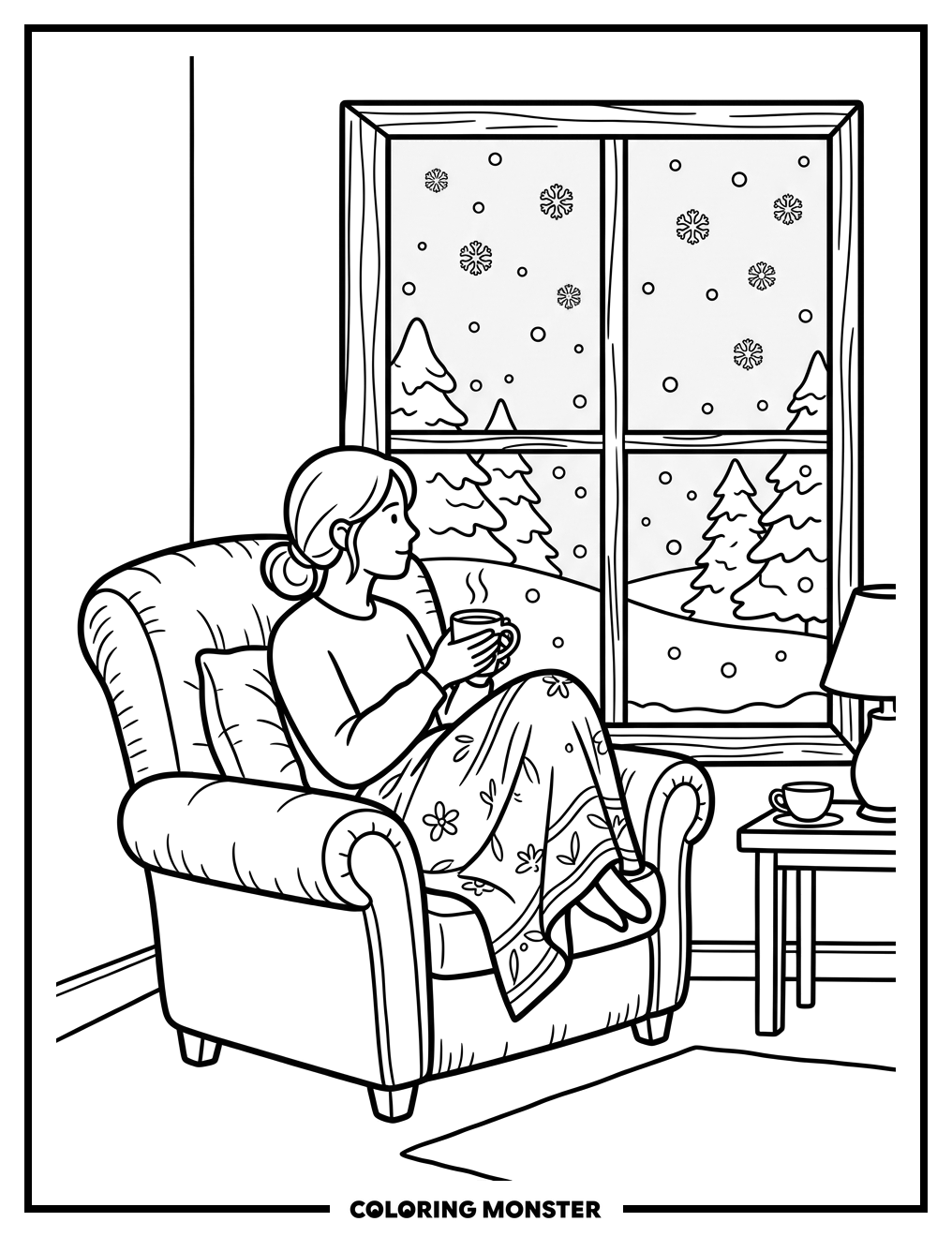 Cozy Window Tea Time Coloring Page